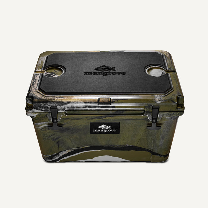 Mangrove Outdoors 45L & 50L Esky Seat with Cutting Board Divider, Dry Goods Basket, Cup-Holder, Cooler, Icebox, Chilly-Bin, Camping, Fishing, Boating, Camo-Cooler