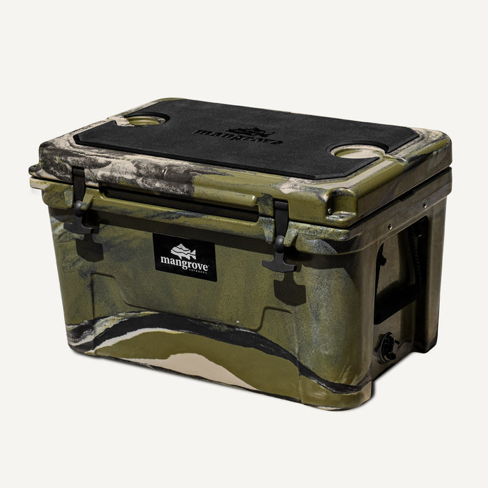 Mangrove Outdoors 45L & 50L Cooler with Cutting Board Divider, Dry Goods Basket, Cup-Holder, Icebox, Chilly-Bin, Camping, Fishing, Boating, Camo-Cooler