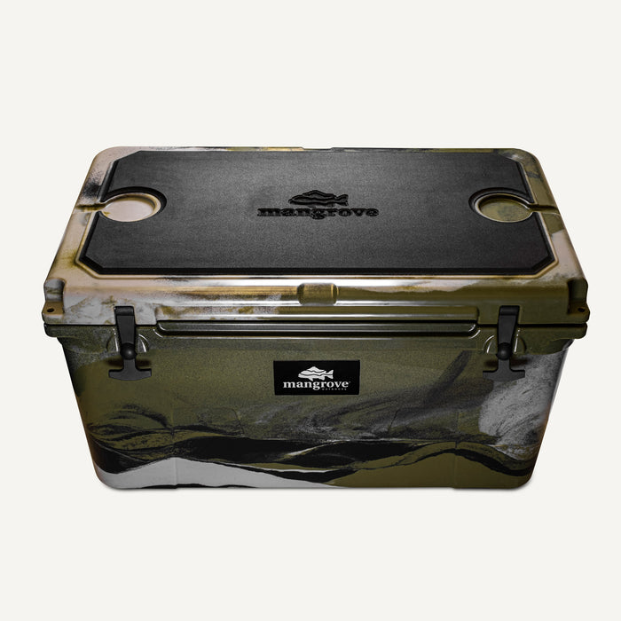 Mangrove Outdoors 45L & 50L Esky Seat Cushion with Cutting Board Divider, Dry Goods Basket, Cup-Holder, Cooler, Icebox, Chilly-Bin, Camping, Fishing, Boating, Camo