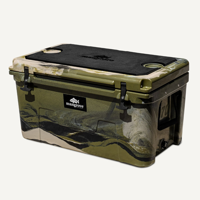Mangrove Outdoors 45L & 50L Cooler with Cutting Board Divider, Dry Goods Basket, Cup-Holder, Icebox, Chilly-Bin, Camping, Fishing, Boating, Camo