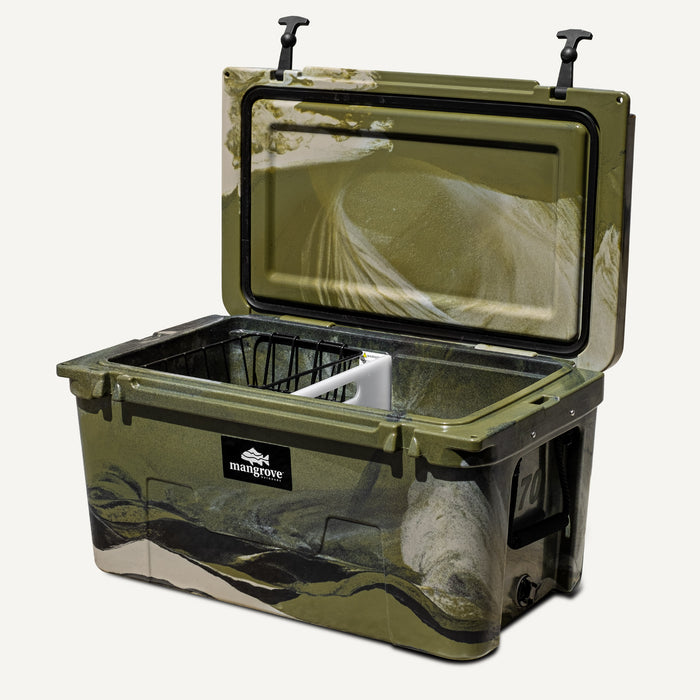 Mangrove Outdoors 45L & 50L Esky Lid with Cutting Board Divider, Dry Goods Basket, Cup-Holder, Cooler, Icebox, Chilly-Bin, Camping, Fishing, Boating, Camo