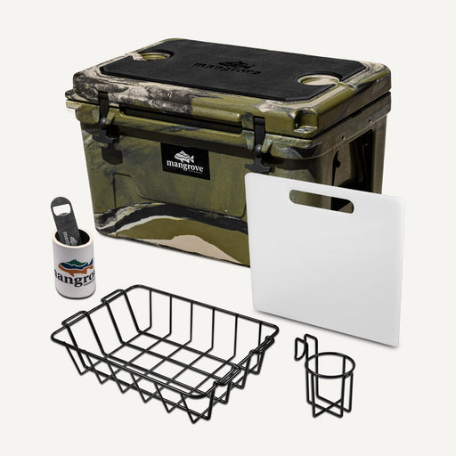 Mangrove Outdoors 45L & 50L Esky with Cutting Board Divider, Dry Goods Basket, Cup-Holder, Cooler, Icebox, Chilly-Bin, Camping, Fishing, Boating, Camo-Cooler