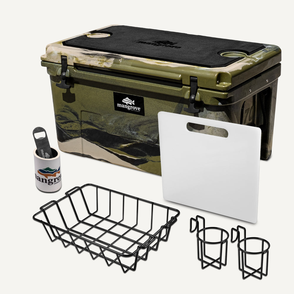 Mangrove Outdoors 45L & 50L Esky with Cutting Board Divider, Dry Goods Basket, Cup-Holder, Cooler, Icebox, Chilly-Bin, Camping, Fishing, Boating, Camo